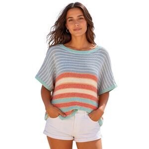 Chaps Womens Coastal Striped Short Sleeve Knit Sweater Blue Orange XL Pullover